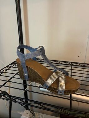 Yoki Blue Denim Wedge Sandals with Rhinestone Straps